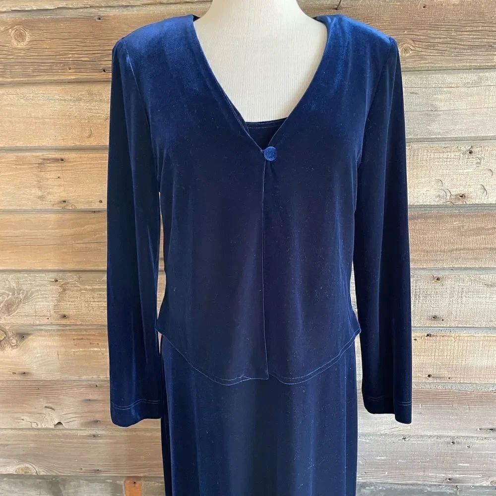 Vintage Jessica Howard 2 Piece Matching Blue Velour Top & Maxi Dress Size 10 EUC - Picture 2 of 10